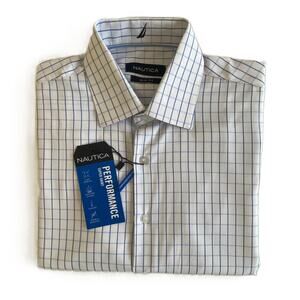 Nautica Dress Shirt Men's 14-14.5 32/33 Performance Slim Fit Blue Check NEW